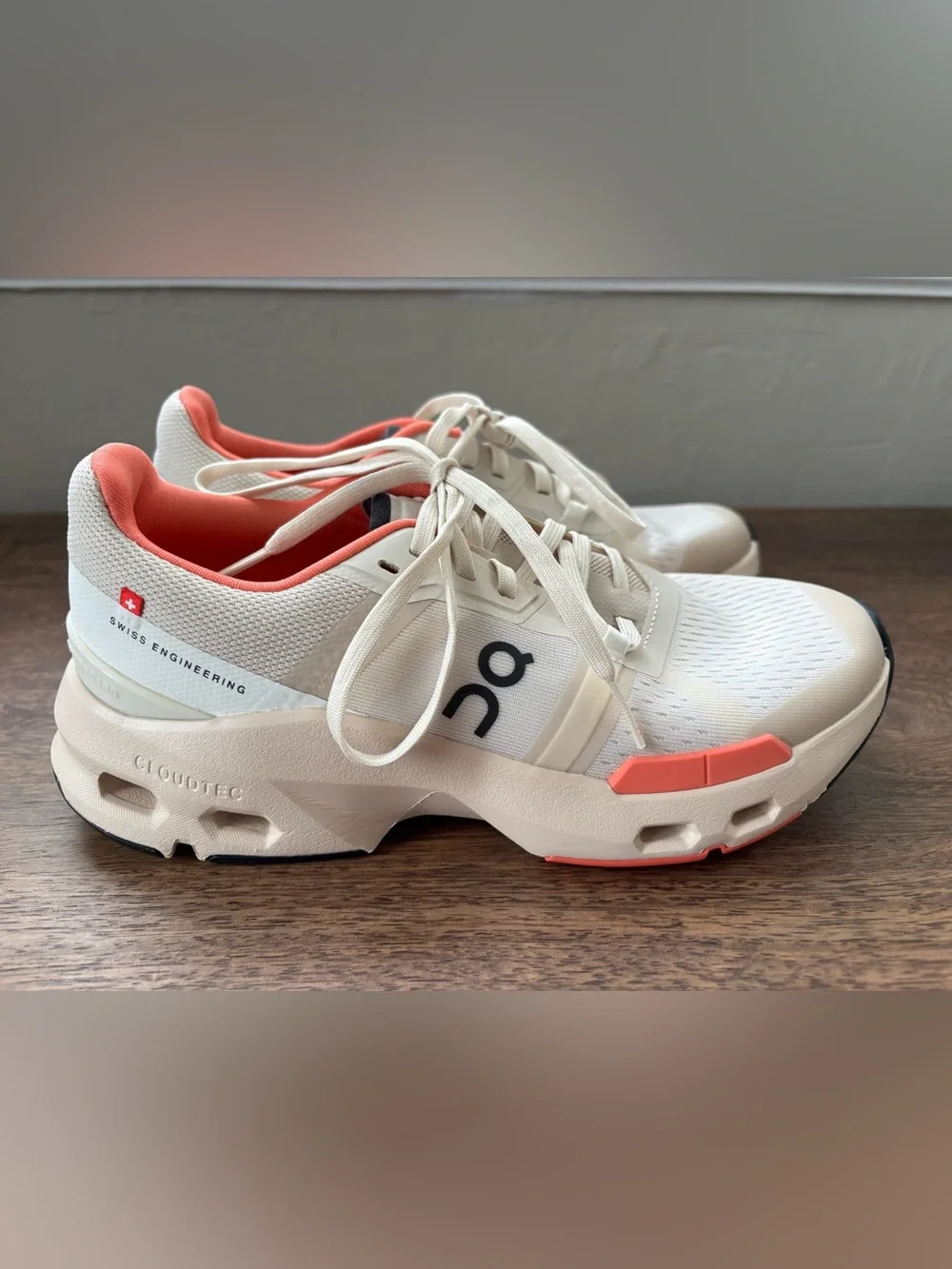 On Women's Cloudpulse Sneakers in Cream with Coral Lining